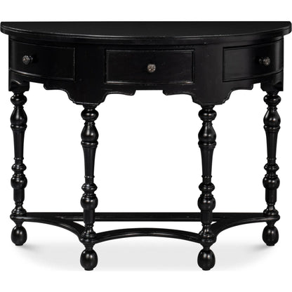 Abraham Half Round Console by Sarreid Ltd. in black. Made from acacia wood in a traditional style.