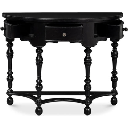 Abraham Half Round Console by Sarreid Ltd. in black. Made from acacia wood in a traditional style.