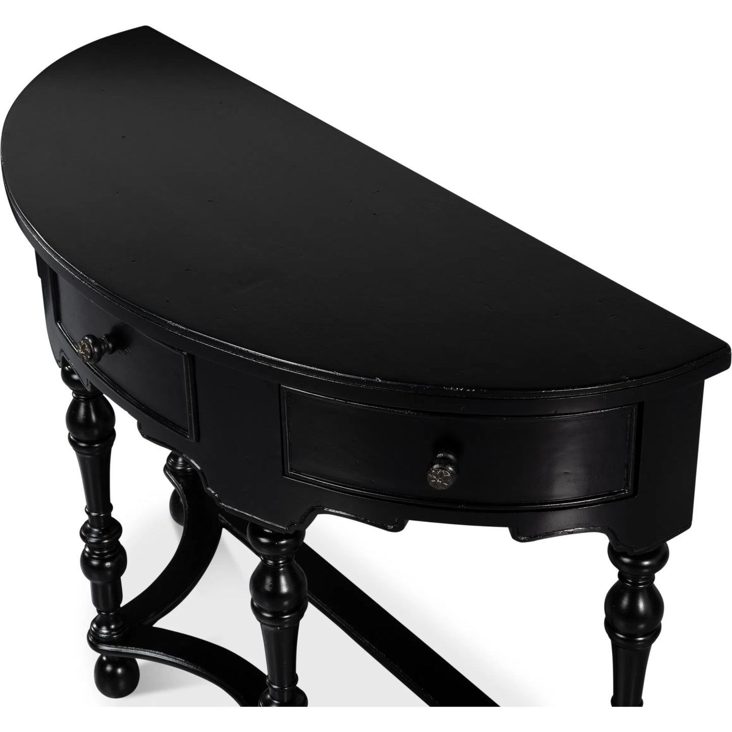 008 SI-2372444 | Closeup | Abraham Half Round Console by Sarreid Ltd. in black. Made from acacia wood in a traditional style.