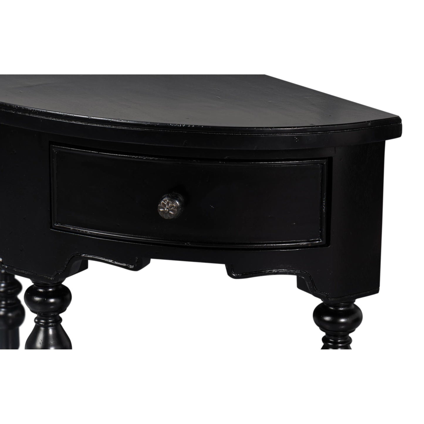 009 SI-2372444 | Closeup | Abraham Half Round Console by Sarreid Ltd. in black. Made from acacia wood in a traditional style.