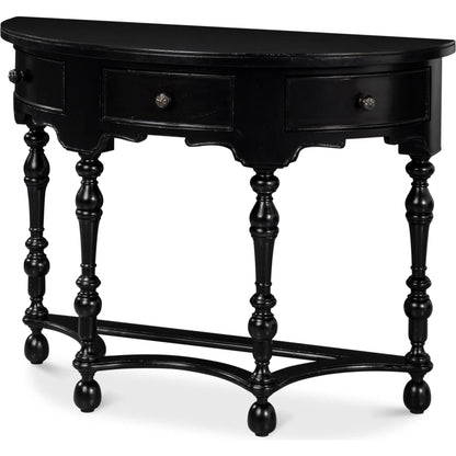 Abraham Half Round Console by Sarreid Ltd. in black. Made from acacia wood in a traditional style.