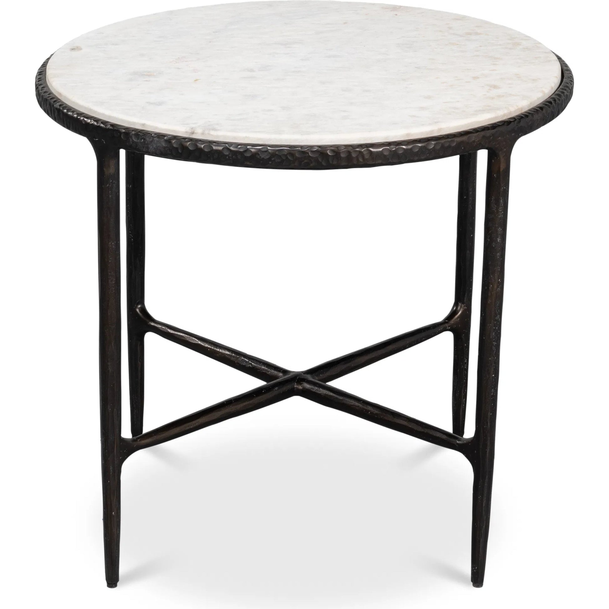 Dakor Round Side Table by Sarreid Ltd. in black. Made from forged iron, white marble in a modern style.