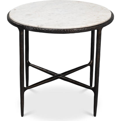 Dakor Round Side Table by Sarreid Ltd. in black. Made from forged iron, white marble in a modern style.