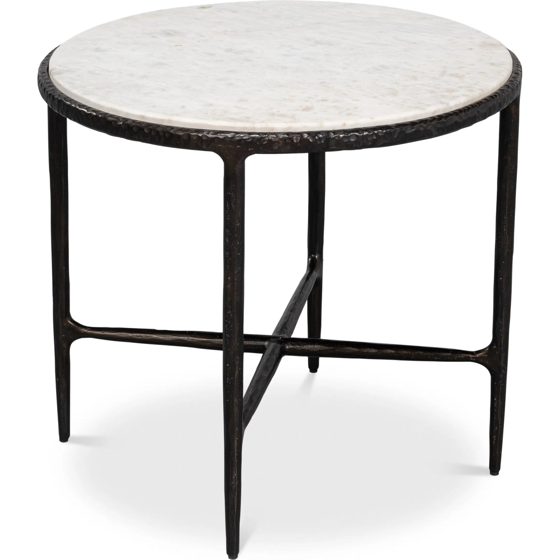 Dakor Round Side Table by Sarreid Ltd. in black. Made from forged iron, white marble in a modern style.