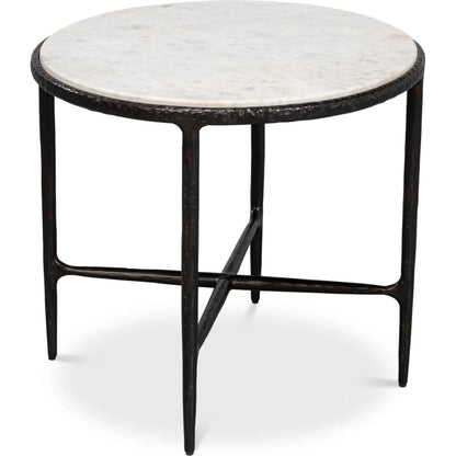 Dakor Round Side Table by Sarreid Ltd. in black. Made from forged iron, white marble in a modern style.