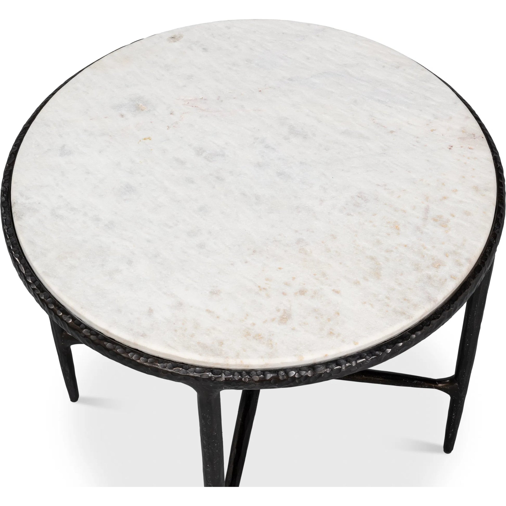 Dakor Round Side Table by Sarreid Ltd. in black. Made from forged iron, white marble in a modern style.