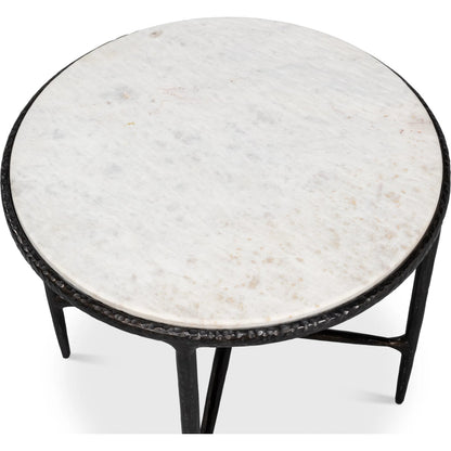 Dakor Round Side Table by Sarreid Ltd. in black. Made from forged iron, white marble in a modern style.