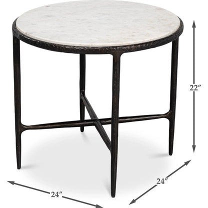 Dakor Round Side Table by Sarreid Ltd. in black. Made from forged iron, white marble in a modern style.