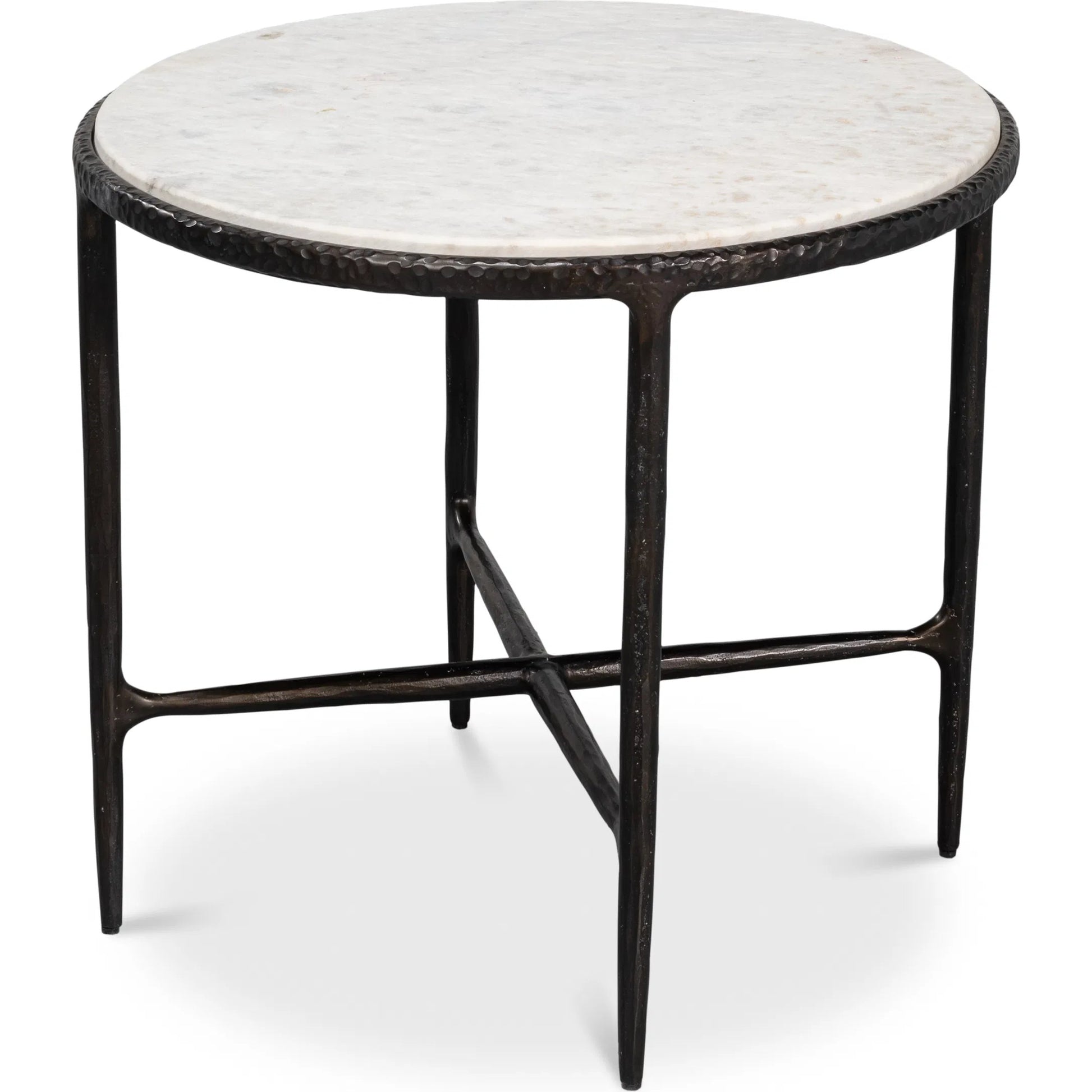 Dakor Round Side Table by Sarreid Ltd. in black. Made from forged iron, white marble in a modern style.