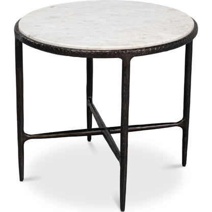 Dakor Round Side Table by Sarreid Ltd. in black. Made from forged iron, white marble in a modern style.