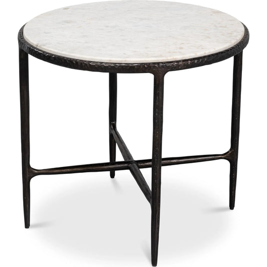 Dakor Round Side Table by Sarreid Ltd. in black. Made from forged iron, white marble in a unique style.