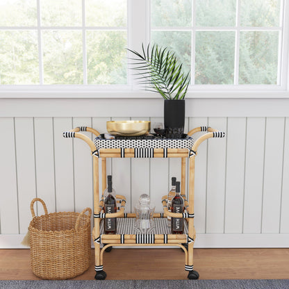 Selena Bar Cart by Butler Specialty Company. Made from rattan, plastic weave in a coastal style.