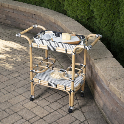 Selena Bar Cart by Butler Specialty Company. Made from rattan, plastic weave in a coastal style.