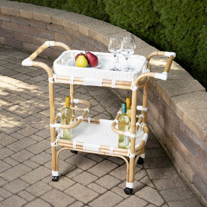 Selena Bar Cart by Butler Specialty Company. Made from rattan, plastic weave in a coastal style.