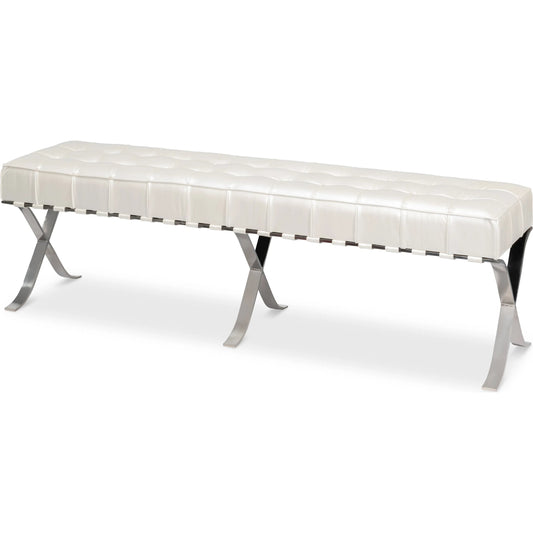 Catalunya Long Bench by Sarreid Ltd. in white. Made from leather, mdf, foam, stainless steel in a unique style.