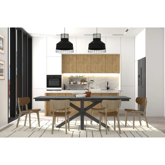 Eich Dining Table by Sarreid Ltd. in stone grey. Made from tulip wood, tanganika walnut veneer in a unique style.