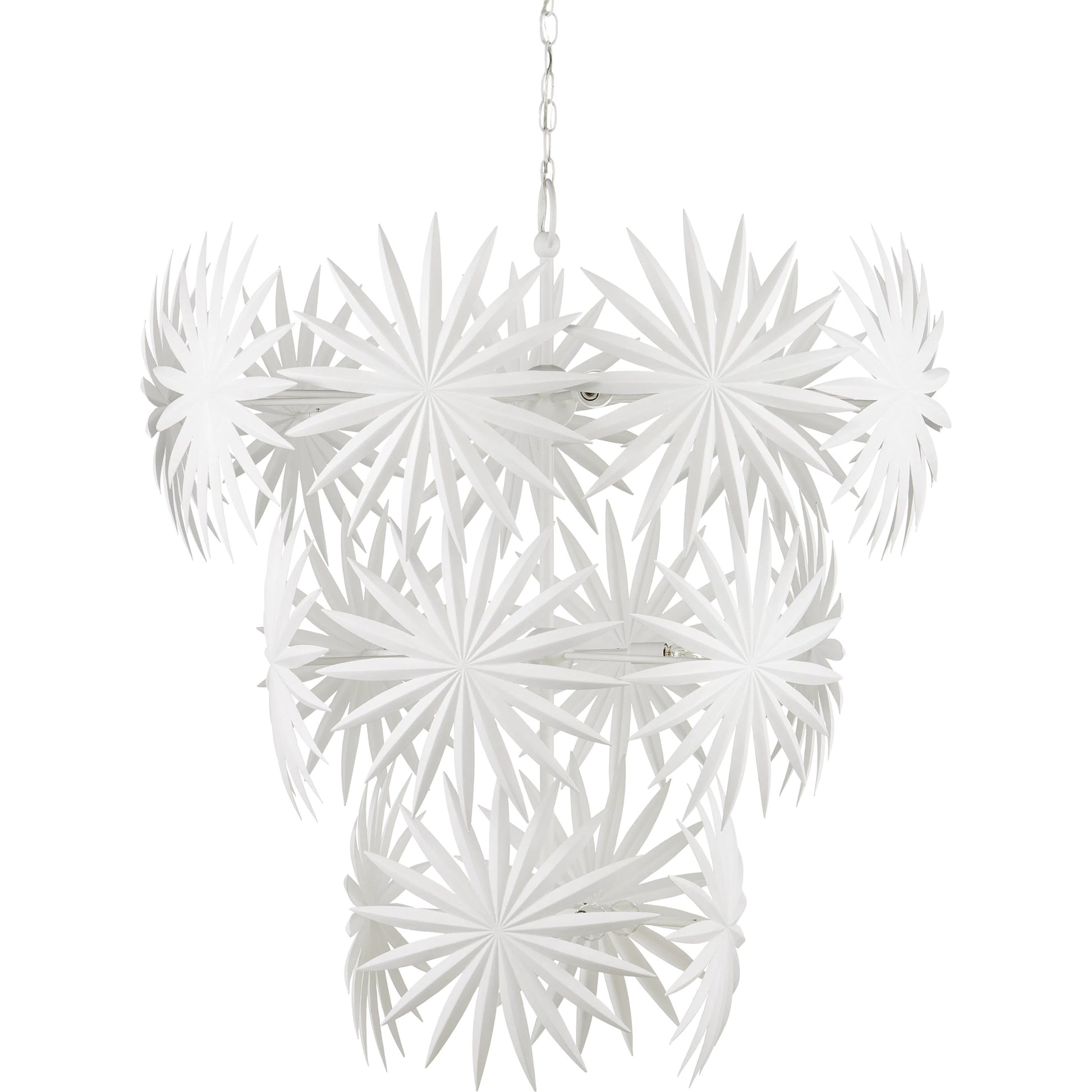 Bismarkia Chandelier by Currey and Company in gesso white. Made from wrought iron in a modern style.