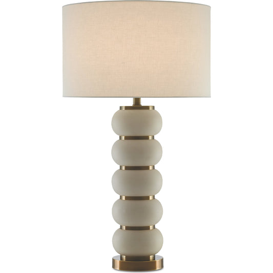 Luko Table Lamp by Currey and Company in white mud, antique brass. Made from ceramic, metal in a modern style.