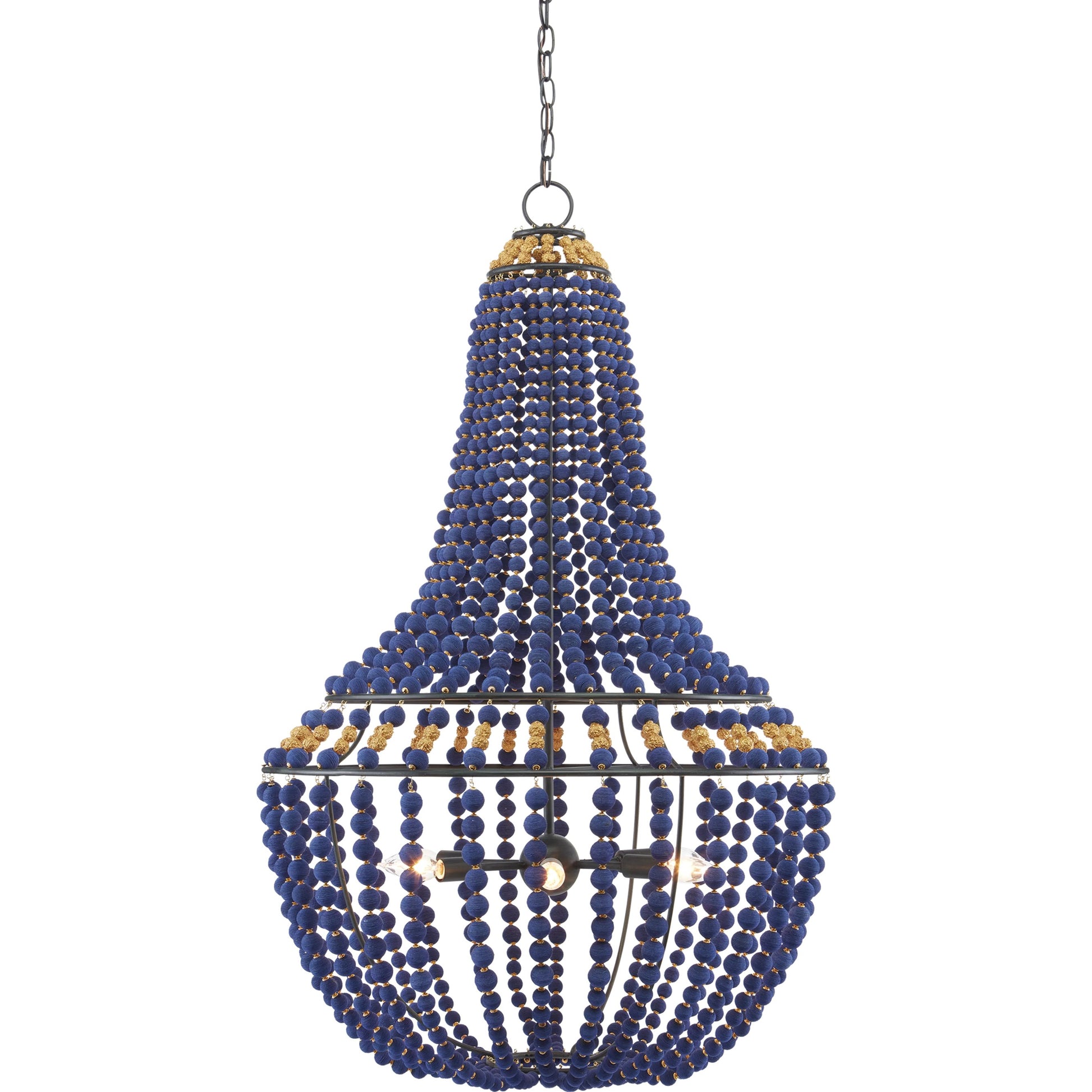 Penelope Chandelier by Currey and Company in beige, antique brass. Made from iron, fabric, brass in a coastal style.