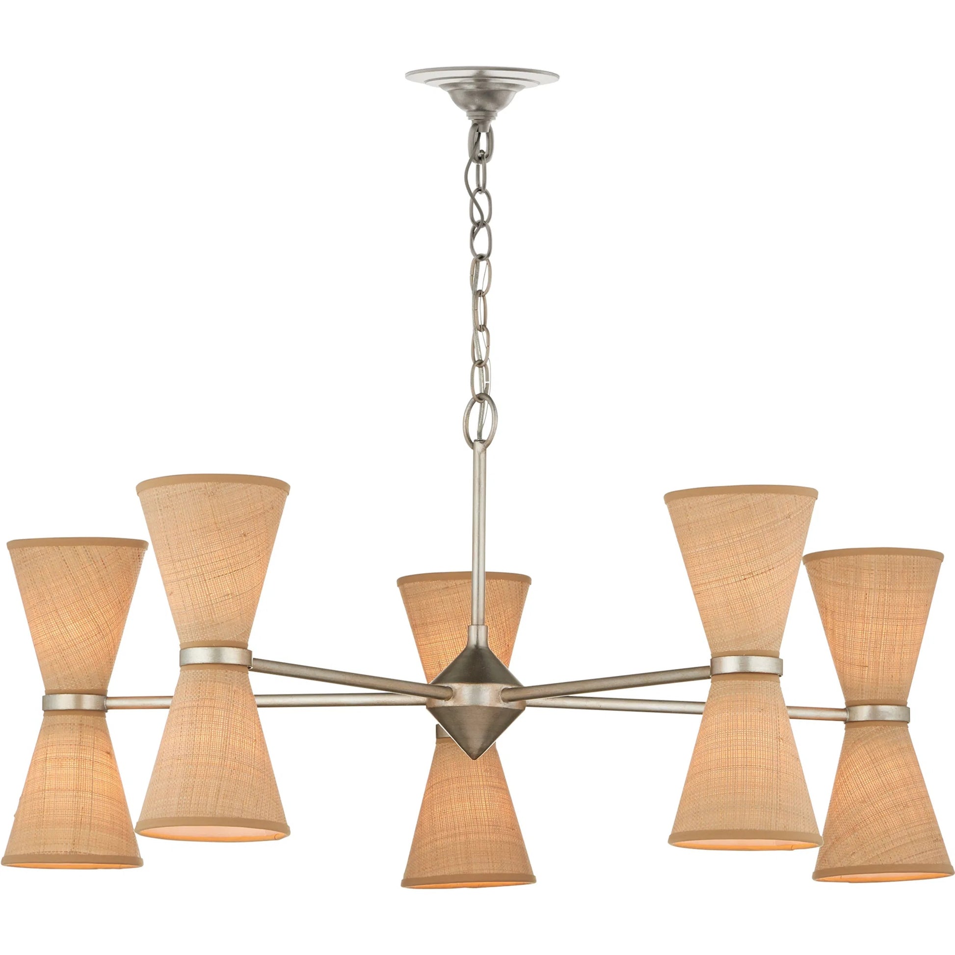 Pennyworth Chandelier by Currey and Company in contemporary silver leaf, contemporary silver, natural. Made from wrought iron, grasscloth in a modern style.