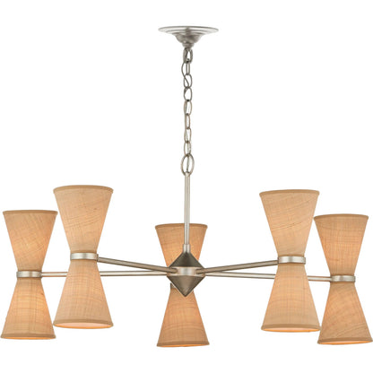 Pennyworth Chandelier by Currey and Company in contemporary silver leaf, contemporary silver, natural. Made from wrought iron, grasscloth in a modern style.