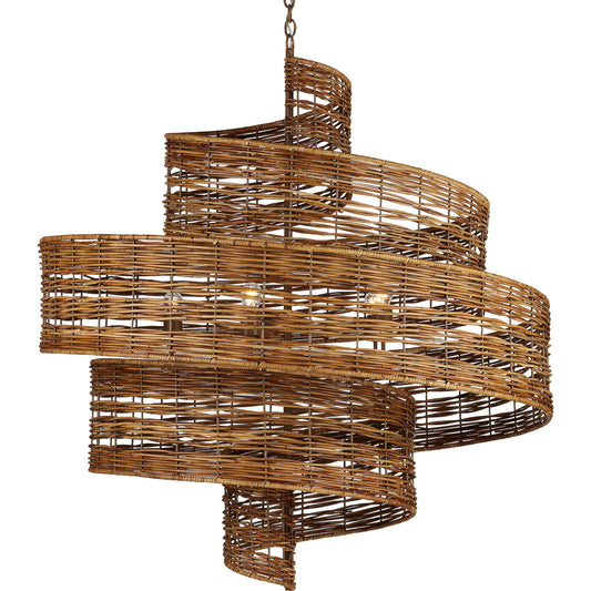 Saisei Grande Chandelier by Currey and Company in khaki, natural rattan. Made from wrought iron, rattan in a coastal style.