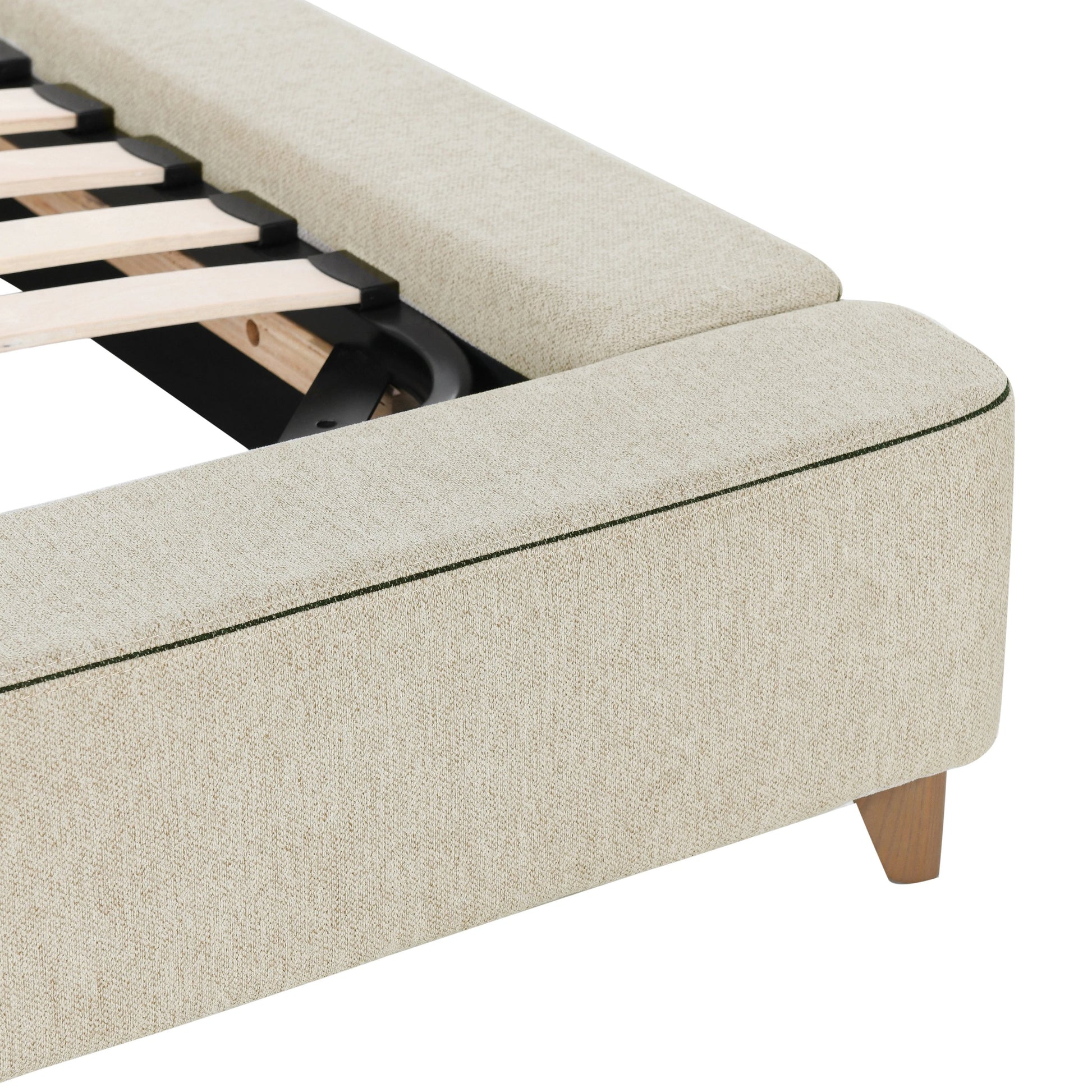 Tate Upholstered Bed by Classic Home in cream. Made from 86.5% polyester, 10% viscose, 3.5% nylon, acacia wood, pu foam, polyester fiber padding in a modern style.