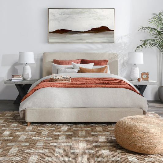 Tate Upholstered Bed by Classic Home in cream. Made from 86.5% polyester, 10% viscose, 3.5% nylon, acacia wood, pu foam, polyester fiber padding in a modern style.
