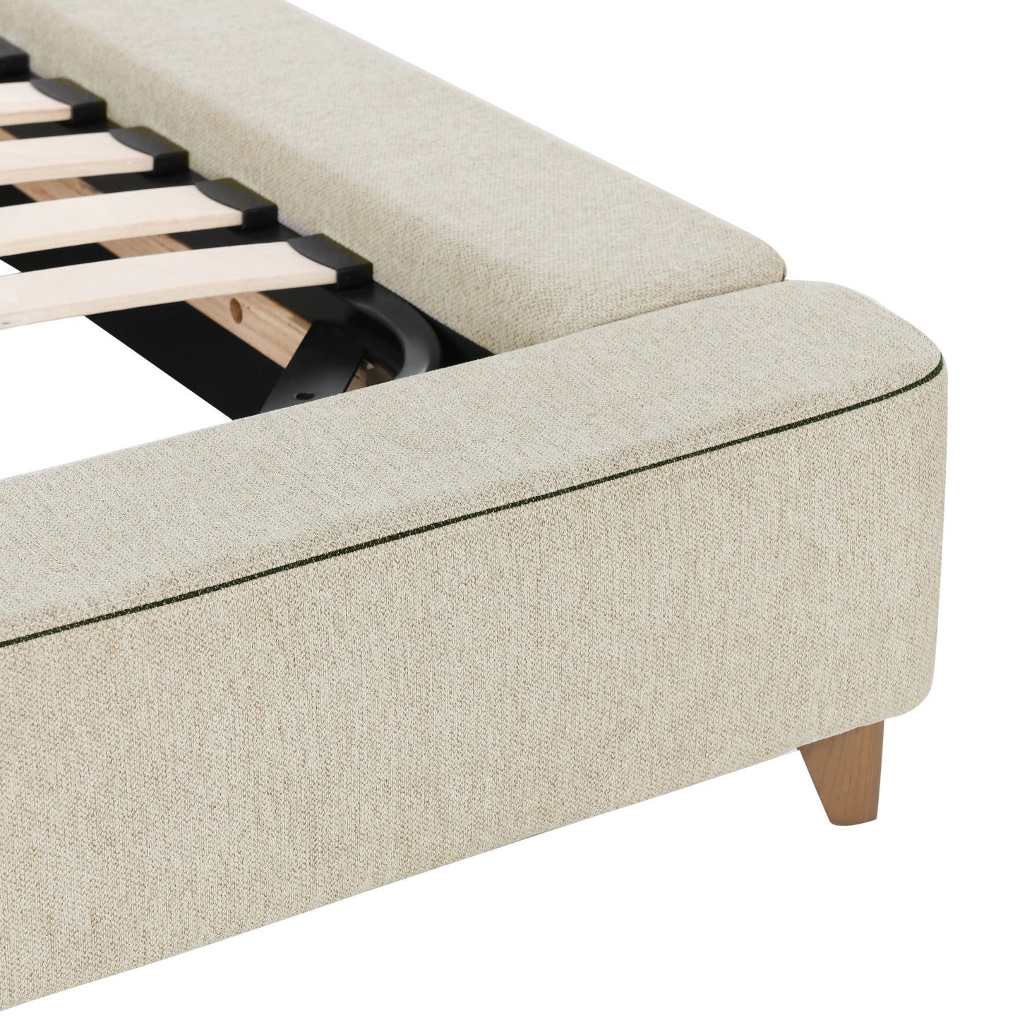 026 SI-2160335 | Closeup | Tate Upholstered Bed by Classic Home in cream. Made from 86.5% polyester, 10% viscose, 3.5% nylon, acacia wood, pu foam, polyester fiber padding in a modern style.