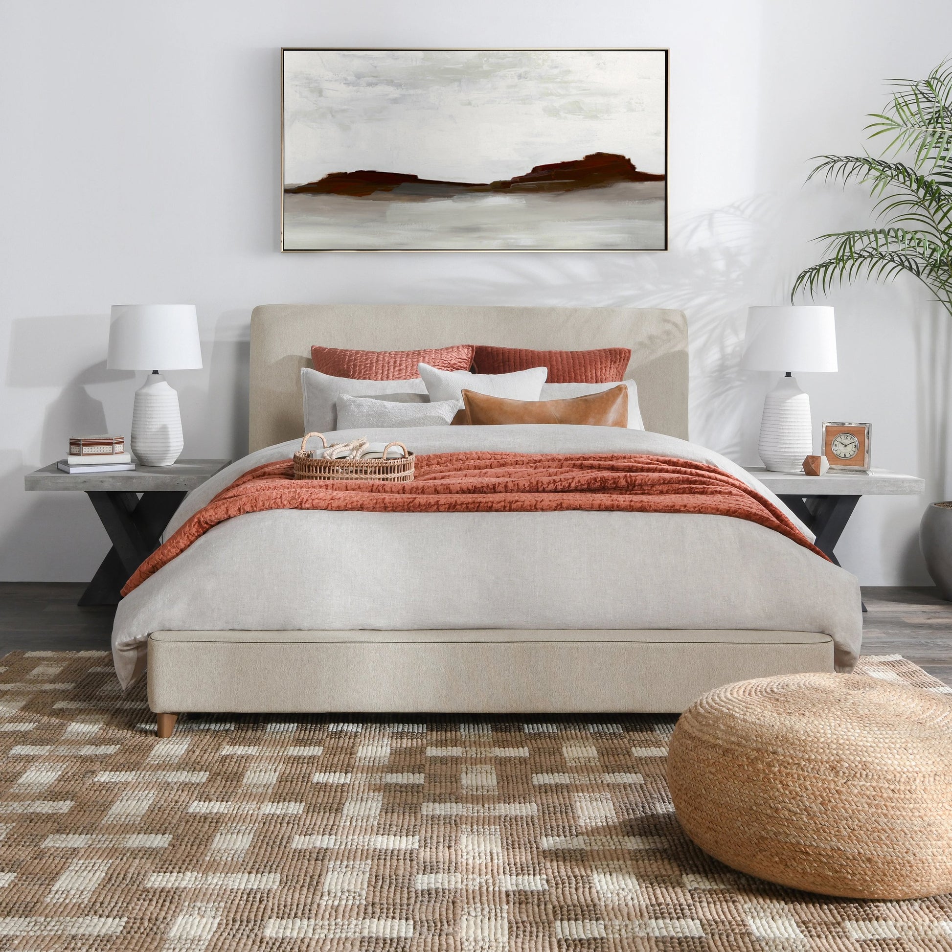 Tate Upholstered Bed by Classic Home in cream. Made from 86.5% polyester, 10% viscose, 3.5% nylon, acacia wood, pu foam, polyester fiber padding in a modern style.