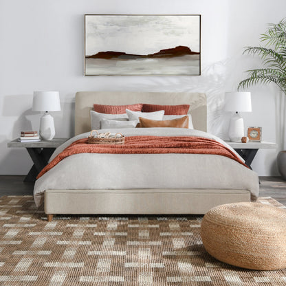 Tate Upholstered Bed by Classic Home in cream. Made from 86.5% polyester, 10% viscose, 3.5% nylon, acacia wood, pu foam, polyester fiber padding in a modern style.
