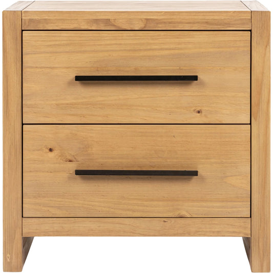 Fenmore Two-Drawer Pine Wood Nightstand by Kosas Home. Made from pine wood in a transitional style.