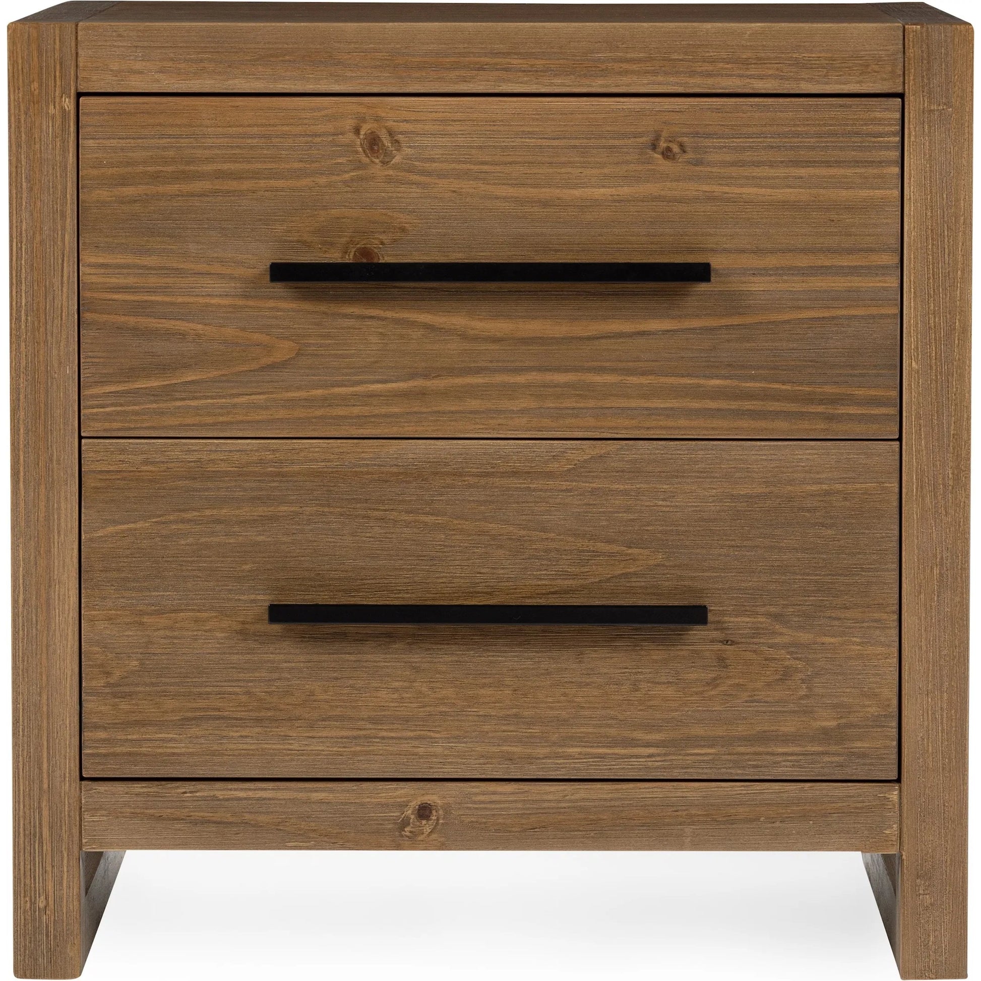 Fenmore Two-Drawer Pine Wood Nightstand by Kosas Home in honey brown. Made from pine wood in a transitional style.