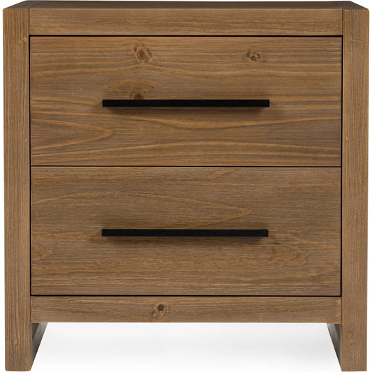 Fenmore Two-Drawer Pine Wood Nightstand by Kosas Home in honey brown. Made from pine wood in a transitional style.