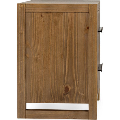 Fenmore Two-Drawer Pine Wood Nightstand by Kosas Home in honey brown. Made from pine wood in a transitional style.