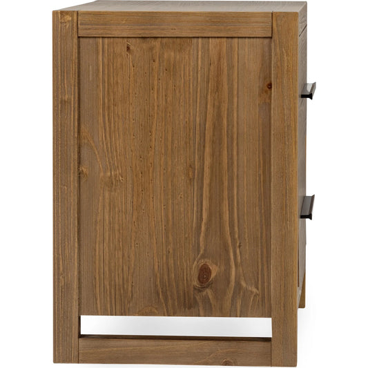 Fenmore Two-Drawer Pine Wood Nightstand by Kosas Home in honey brown. Made from pine wood in a transitional style.