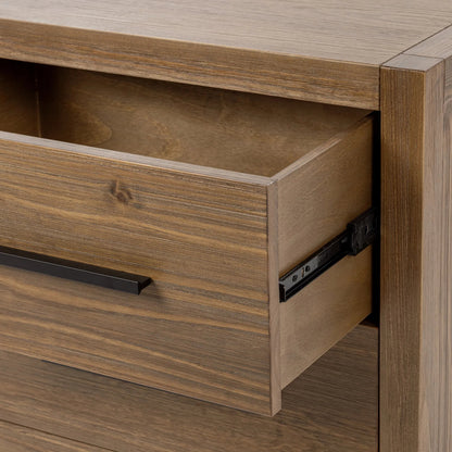 Fenmore Two-Drawer Pine Wood Nightstand by Kosas Home in honey brown. Made from pine wood in a transitional style.