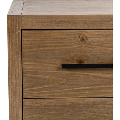Fenmore Two-Drawer Pine Wood Nightstand by Kosas Home in honey brown. Made from pine wood in a transitional style.