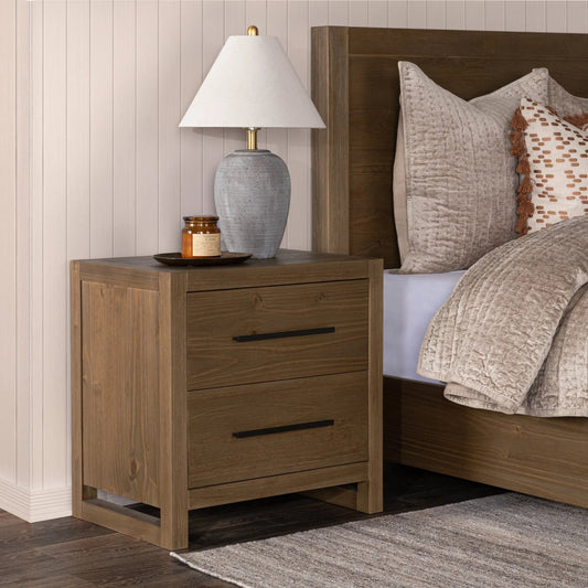 Fenmore Two-Drawer Pine Wood Nightstand by Kosas Home in honey brown. Made from pine wood in a transitional style.