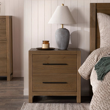 Fenmore Two-Drawer Pine Wood Nightstand by Kosas Home in honey brown. Made from pine wood in a transitional style.