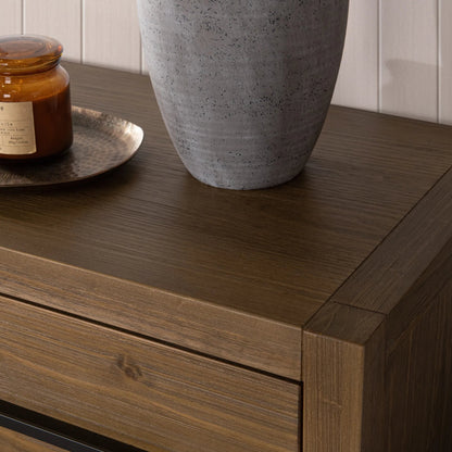 Fenmore Two-Drawer Pine Wood Nightstand by Kosas Home in honey brown. Made from pine wood in a transitional style.
