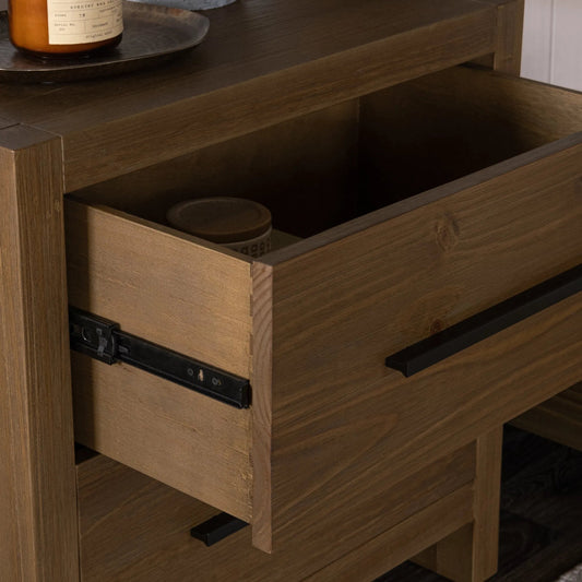 Fenmore Two-Drawer Pine Wood Nightstand by Kosas Home in honey brown. Made from pine wood in a unique style.
