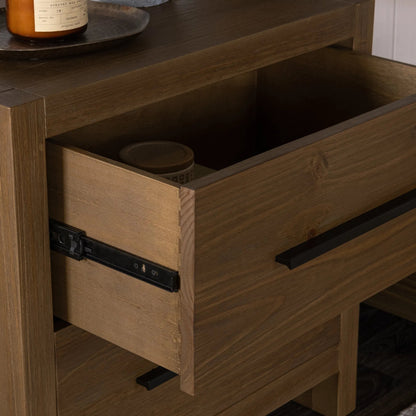Fenmore Two-Drawer Pine Wood Nightstand by Kosas Home in honey brown. Made from pine wood in a transitional style.
