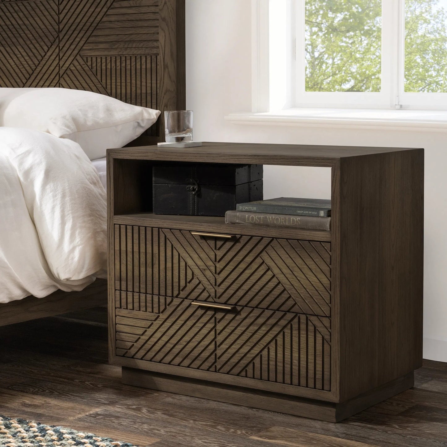 012 SI-2353830 | Lifestyle | Santa Clara 2-Drawer Wood Nightstand by Classic Home in toasted brown. Made from wood, oak veneer in a modern style.