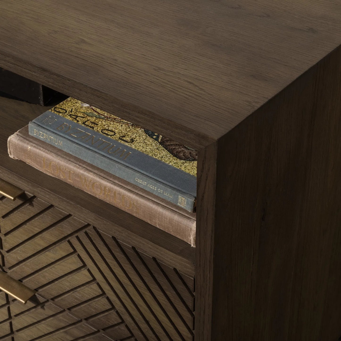 018 SI-2353830 | Closeup | Santa Clara 2-Drawer Wood Nightstand by Classic Home in toasted brown. Made from wood, oak veneer in a modern style.