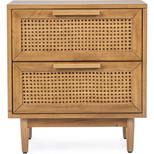 Edris 2-Door Wood Nightstand by Kosas Home in beige. Made from pine wood, cane in a rustic style.