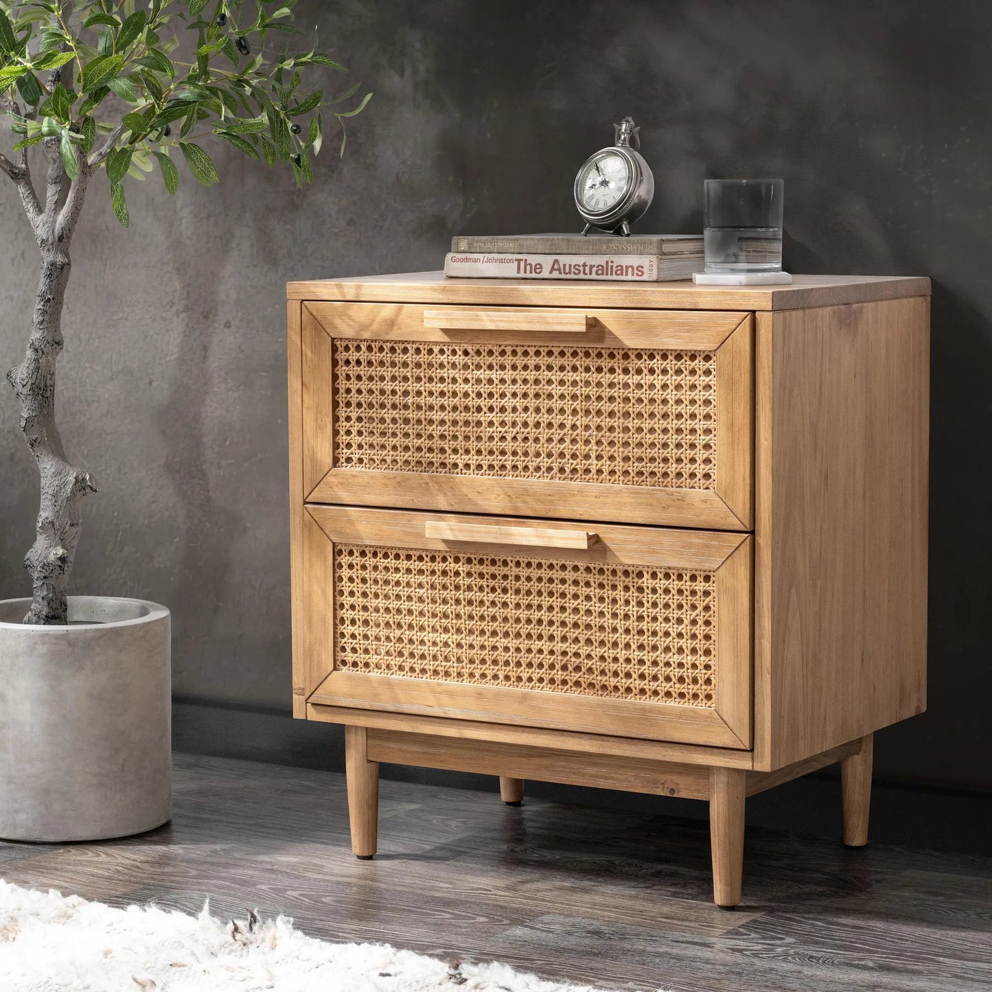 014 SI-2388536 | Lifestyle | Edris 2-Door Wood Nightstand by Kosas Home in beige. Made from pine wood, cane in a rustic style.