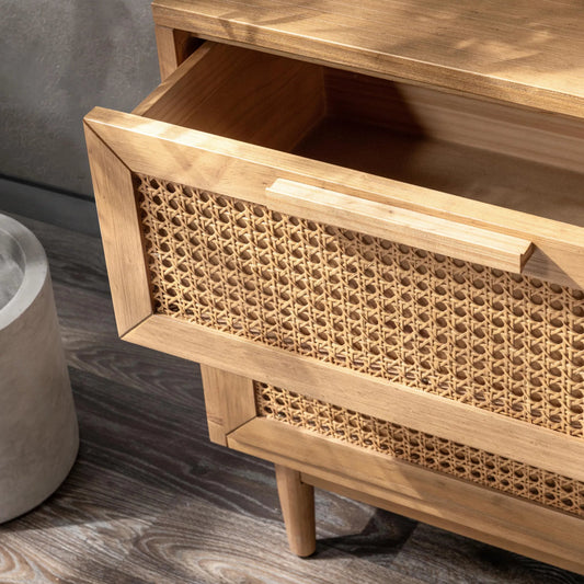 Edris 2-Door Wood Nightstand by Kosas Home in beige. Made from pine wood, cane in a unique style.