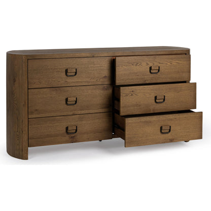 Kyrie 6-Drawer Dresser by Classic Home in tawny brown. Made from oak veneer in a unique style.