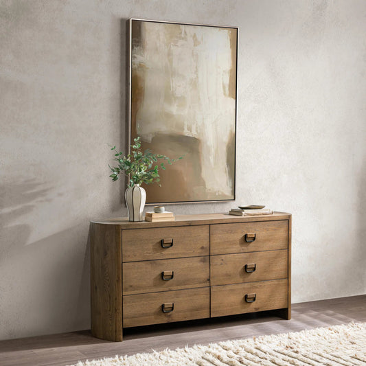 Kyrie 6-Drawer Dresser by Classic Home in tawny brown. Made from oak veneer in a unique style.